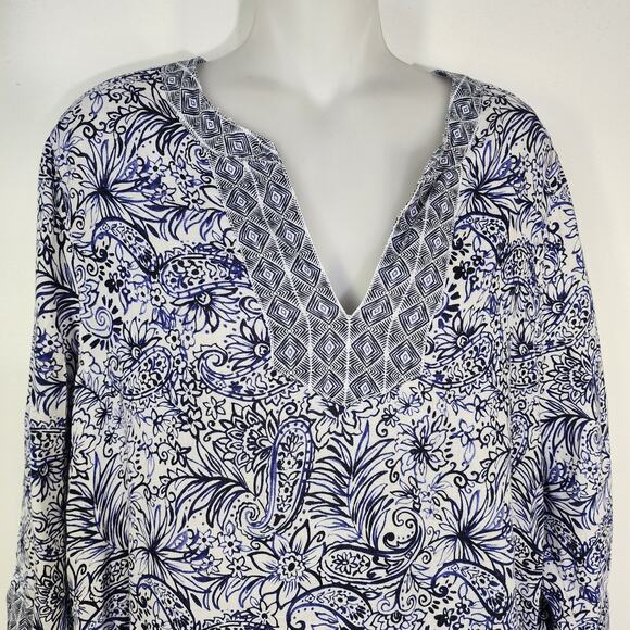 Sigrid Olsen Tunic Top Size Large Blue Floral 3/4 Sleeve 100% Linen V Neck Beach - Picture 3 of 11